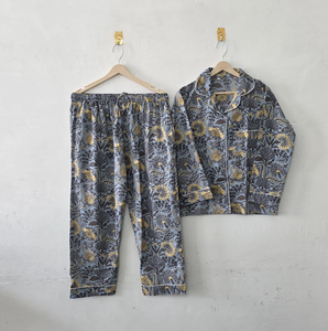 Conjunto de Pijama de Algodón con Estampado Artesanal para Mujer, Elegante, Transpirable, de Secado Rápido, Manga Larga, Ropa de Dormir de Verano, Gris Floral - Product Image 1