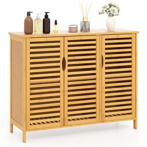 Natural Bamboo 39.5"x14"x31.5" Bathroom Cabinet with 3 Door Design Multiple Shelves for Adequate Storage of Towels/Toiletries - Product Image 2