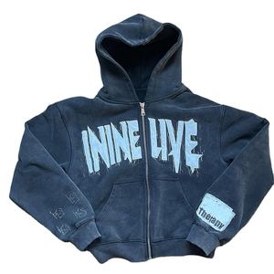 Sudadera con capucha personalizada de peso pesado con cremallera completa, estilo streetwear, con letras de aplique desgastadas, de felpa, vintage, lavada y oversize - Product Image 1