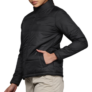 Chaqueta Acolchada para Mujer, Negra, Manga Larga, Cuello Alto, Cierre de Cremallera, Ropa de Invierno, Color Sólido, Relleno de Poliéster, Corte Regular - Product Image 1