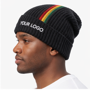 Nouveau bonnet en tricot côtelé jacquard noir à rayures arc-en-ciel avec logo personnalisé, style Rasta Reggae, pour l'hiver - Product Image 4