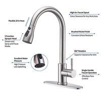 Robinet de cuisine en acier inoxydable SUS304 avec douchette extractible, valve en céramique, finition nickel brossé, design à arc haute pour usage domestique et commercial