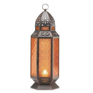 Iron Lantern With Embossed Orange Panels And Cutout Design For Home Decoration Centerpiece In Best Modern Design Lantern - Product Image 1