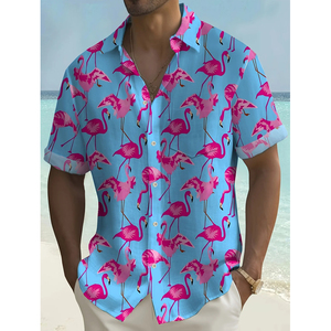 Chemise Hawaïenne Florale Personnalisée pour Homme, Manches Courtes Tropicales, Motif Flamant Rose, Respirante, en Popeline, Col Rabattu, 100% Polyester - Product Image 6