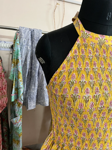 Vestido maxi de algodón indio con estampado de bloques a mano, vestido transpirable con técnica de tejido teñido anudado en cintura natural - Product Image 2