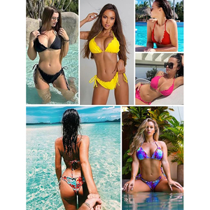 Conjuntos de Bikini para Mujer con Logotipo Personalizado, Traje de Baño de Dos Piezas con Volantes, Estampado Floral, Cuello Halter y Copa Triangular - Product Image 5