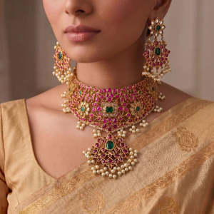 Kempu Women's Gold Plated Brass Choker Necklace and Earring Jewelry Set with Oxidized Polish for Party - Product Image 1