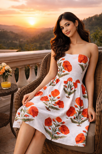Vestido midi de algodón sin mangas con estampado floral naranja y cintura fruncida, elástico y cómodo, ideal para la playa, color blanco. - Product Image 3