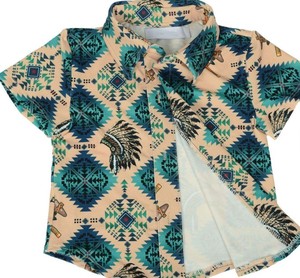 Casual Kids Short Sleeve Shirt With Geometric Print And <b>Feathers</b> Pattern Turn Down Collar Regular Fit Boys <b>Tops</b> - Product Image 1