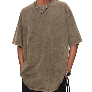 Camiseta de Alta Calidad con Lavado Ácido, Cuello Redondo Ancho, Manga Corta, Estilo Ringer, Oversize, para Hombre, de Algodón, Vintage - Product Image 1