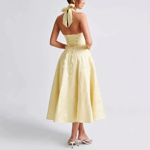 Robe longue personnalisée pour femme, nouvelle collection, col en V, sans manches, jacquard, à lacets, taille cintrée, haut de gamme, pour les vacances - Product Image 3