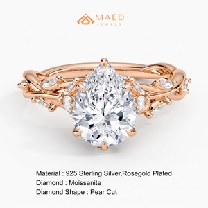 Bague en Moissanite Coupe Poire Or Rose, Bijou Fin pour Femme, Design Feuille Élégant, Cadeau de Fiançailles, Bijou Tendance Moderne - Product Image 6