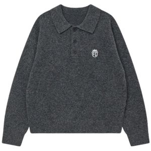 Men Knit Long Sleeve Polo Sweater Charcoal Soft Textured Button Collar Pullover Casual Winter Top Cotton Blend OEM - Product Image 1