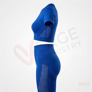 Ensemble 2 pièces de yoga pour femme, bleu marine côtelé, composé d'un crop top à manches longues et d'un short taille haute, avec décolleté carré et bretelles spaghetti - Product Image 3