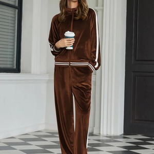 Ensemble de survêtement en velours pour femmes, couleur unie, manches longues, polaire, séchage rapide, tenue décontractée pour le jogging avec poches latérales, vêtements d'hiver - Product Image 2