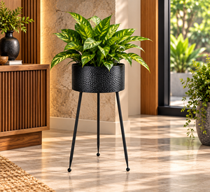 Jardinière en métal texturé noir avec support haut à trois pieds, pot de fleurs rond moderne pour l'intérieur, l'extérieur, le jardin, le balcon, le salon - Product Image 5