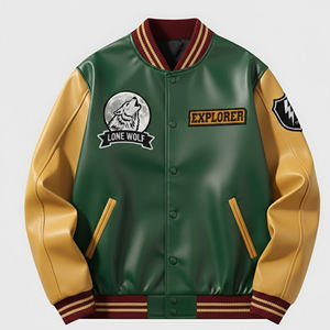 แจ็คเก็ตเบสบอลปักลายเชนิลล์หนังแท้พร้อมโลโก้สั่งทำพิเศษสำหรับผู้ชาย แจ็คเก็ตวาร์ซิตี้แขนหนังแบบวินเทจ - Product Image 1