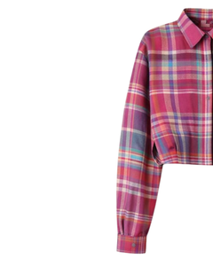 เสื้อเชิ้ตผู้หญิงลายสก็อตสีชมพูแบบครอป แขนยาว ติดกระดุม สไตล์ลำลอง แฟชั่นเสื้อเชิ้ตทรงสี่เหลี่ยม สำหรับฤดูใบไม้ผลิและฤดูร้อน รับผลิตตามแบบ OEM - Product Image 4