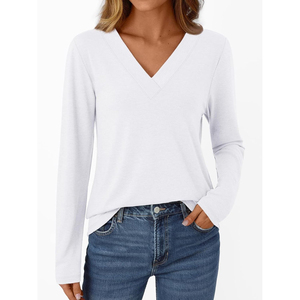 Camiseta de Manga Larga con Cuello en V para Mujer, Color Sólido, Corte Holgado, 100% Algodón, Tejido Jersey Informal, Transpirable, para Todas las Temporadas - Product Image 6