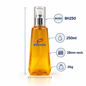 ขวดปั๊มเครื่องสำอาง PET ขนาด 250 มล. คอขวด 28 มม. สีเหลืองอำพัน ยี่ห้อ PAVICO หัวฉีดพ่นละอองละเอียด พิมพ์ซิลค์สกรีน บรรจุภัณฑ์สำหรับผลิตภัณฑ์ดูแลส่วนบุคคล - Product Image 2