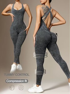 Women's Solid Ribbed Seamless <b>Yoga</b> Jumpsuit | Eco-Friendly Acid Wash Backless Gym <b>Unitard</b> | Breathable Quick Dry Lightweight - Product Image 5