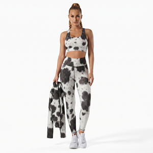 100% Polyester <b>Women</b> Cow Print Yoga Set Sleeveless Compression Crop Top High Waist Printed <b>Leggings</b> Polyester Spandex Yoga Set - Product Image 5