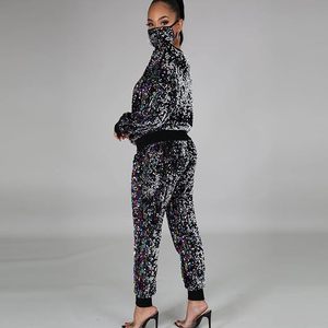 Ensemble 2 pièces de qualité supérieure, à sequins, manches longues, col rond, coupe ample, pantalon longueur cheville avec imprimé pailleté, polyester, tenue de club sexy - Product Image 2