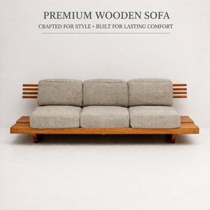 Mid-Century Modern Slatted Wood 3 Seater <b>Sofa</b> | Japanese Minimalist Solid Oak <b>Bench</b> Couch | Designer Low-Profile 3 seater <b>sofa</b> - Product Image 1