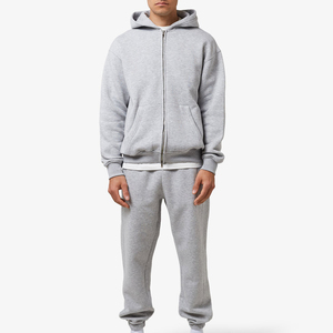 Men's Solid Full <b>Zip</b> <b>Hooded</b> Tracksuit Premium Cotton Fleece Jacket Drawstring Jogger Pants 2 1 Design Breathable Winter Casual - Product Image 1