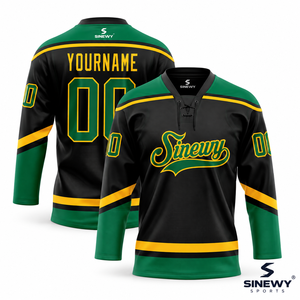 Camiseta de Hockey sobre Hielo Personalizada SINEWY para Hombre, Sublimada en Negro, Verde y Amarillo, Manga Larga, Absorbente de Humedad, Poliéster/Algodón, Sinewy Sports - Product Image 1