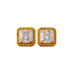 4.17 CT Yellow Cushion Lab Grown Diamond Halo Stud <b>Earrings</b> in 14K Two-Tone Gold Fine Stud <b>Earrings</b> - Product Image 1