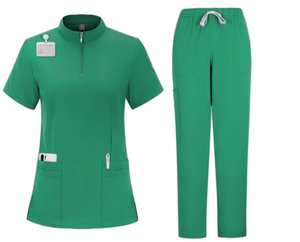 Ensemble de blouses en satin unisexe gris foncé à manches courtes avec col zippé et pantalon, uniformes d'hôpital pour usage médical et infirmier - Product Image 1
