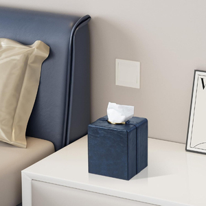 Luxury Square Tissue Box Cover, PU Leather Tissue Box <b>Holder</b> with <b>Magnetic</b> Closure Navy Blue Leather Tissue Box - Product Image 3
