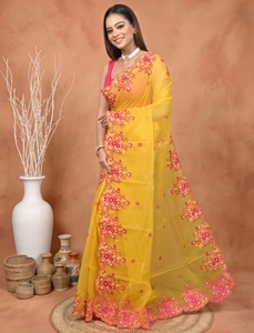 KV Women's Printed Kota Pure Cotton <b>Saree</b> with Unstitched Blouse (<b>Yellow</b>) Reversible Quick Dry Wrinkle Free Autumn - Product Image 1