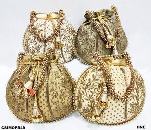 Sac Potli en Soie Brodé HEE 24,5x20 CM avec Cordon de Serrage, Motif Géométrique, Pochette de Soirée Élégante pour Femme, Sac à Bandoulière Ethnique Moyen avec Chaîne - Product Image 4