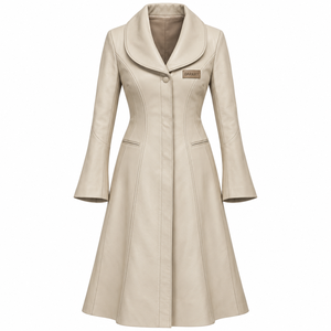 Manteau long pour femme en cuir beige crème, sur mesure, avec col châle large et manches évasées, style trench-coat. - Product Image 1