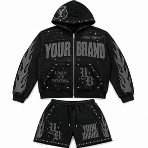 Custom Your Brand <b>Men's</b> Rhinestone Hoodie and Shorts Set Sun Faded Cropped Acid Washed Streetwear Tracksuit - Product Image 1