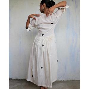 Vestido Mini de Algodón Tejido a Cuadros Blanco para Mujer, Cuello en V, Manga Abullonada, Ecológico, Lavable, Estilo Bohemio, Cintura Natural, para Verano - Product Image 4