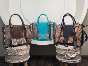 Personalized Hand Tooled Cowhide Concealed Carry <b>Tote</b> <b>Bag</b> & Handcrafted Organizer Wristlet Wallet 2-Piece Combo Set for Women - Product Image 4