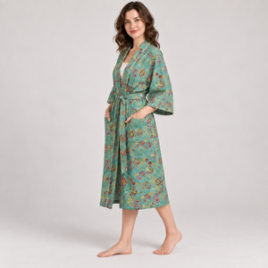 Bata Larga Verde con Estampado Floral para Mujer, Manga Tres Cuartos, Estilo Casual, Cierre con Cordón, Algodón Estampado - Product Image 6
