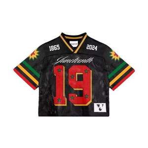 Crop top de football américain personnalisé en maille 100% polyester, respirant, impression par sublimation, broderie, col en V, sans bretelles, manches courtes - Product Image 1