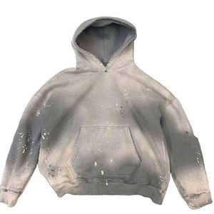 เสื้อฮู้ดดี้โอเวอร์ไซส์สีเทาพ่นสีสไตล์วินเทจสำหรับผู้ชาย พร้อมกระเป๋าหน้า สไตล์ฮิปฮอป - Product Image 2