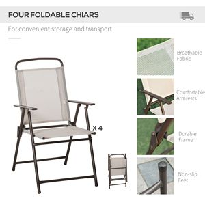6 Piece Beige Outdoor Iron Furniture Set Patio <b>Dining</b> with Umbrella <b>Folding</b> Chairs and Glass <b>Table</b> for Meal Setup - Product Image 4