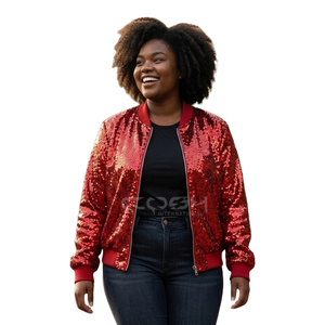 Cosh International Sisterhood Sorority Red <b>Sequined</b> Bomber <b>Jacket</b> Zipper Closure Full Sleeve Autumn Woven Polyester <b>Jacket</b> - Product Image 1