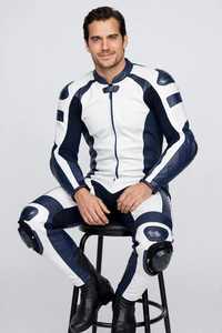 Traje de Motociclismo de Cuero para Hombre, Color Blanco y Azul Marino, con Bloques de Color, Manga Larga, de una Pieza - Product Image 3