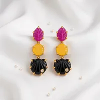 Boucles d'oreilles pendantes tendance pour femmes, en pierres précieuses naturelles (jade, onyx), forme feuille, ovale, coquillage, laiton plaqué or, bijoux