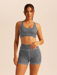 Ensemble 2 pièces pour femmes, soutien-gorge de sport sans manches à dos croisé à carreaux et short taille haute, été - Product Image 3