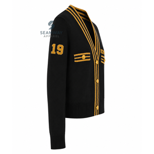 NCBW Sorority Women's <b>Varsity</b> Knit <b>Cardigan</b> V-Neck Button Front Long Sleeve Striped Rib Trim Embroidered Preppy Style Sweater - Product Image 3
