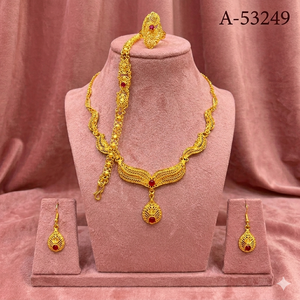 Traditional 24K Gold Plated Brass Lab Created Zircon Women's Bridal Jewelry Set Charm Necklace Bracelet Insect Design MOLA-53249 - Product Image 1