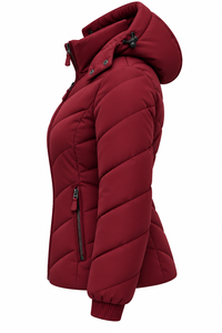 Chaqueta Acolchada con Capucha para Mujer, Color Vino Borgoña, de Alta Demanda, con Cierre de Cremallera, Manga Larga, Relleno de Poliéster, para Invierno, OEM - Product Image 4